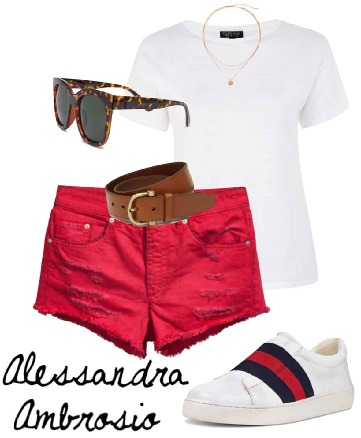 Alessandra Ambrosio Outfit: white t-shirt, gold layered necklace, tortoise sunglasses, red denim shorts, brown and gold buckle belt, slip on sneakers with stripe