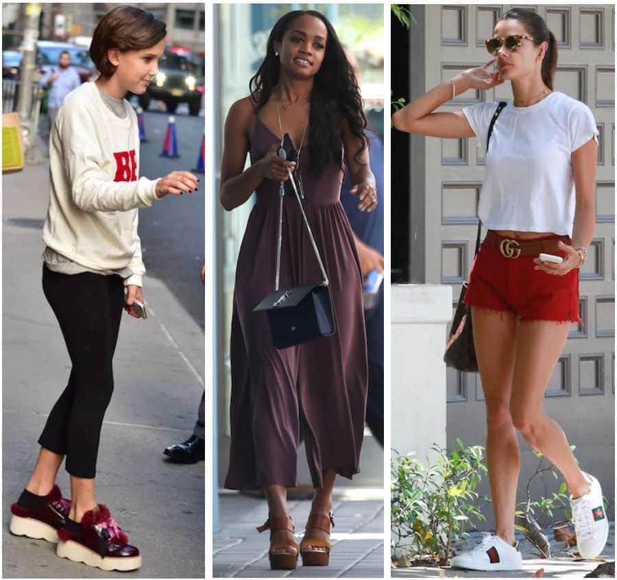 Celebrity Street Style of the Week: Millie Bobby Brown wearing a graphic Be Nice sweatshirt, cropped black pants, and platform sneakers with fur accents, Rachel Lindsay wearing a maroon jumpsuit, brown platform wooden heel sandals, a black shoulder bag, and long gold pendant necklace, and Alessandra Ambrosio wearing a white t-shirt, red jean shorts, a brown and gold Gucci belt, tortoise sunglasses, and white sneakers with side stripes