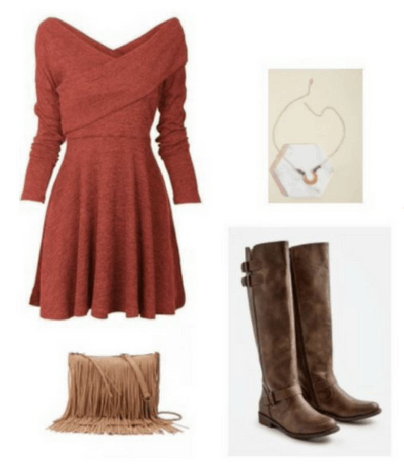 Cozy fall weekend outfit with burnt orange dress, over the knee boots, fringe bag, necklace