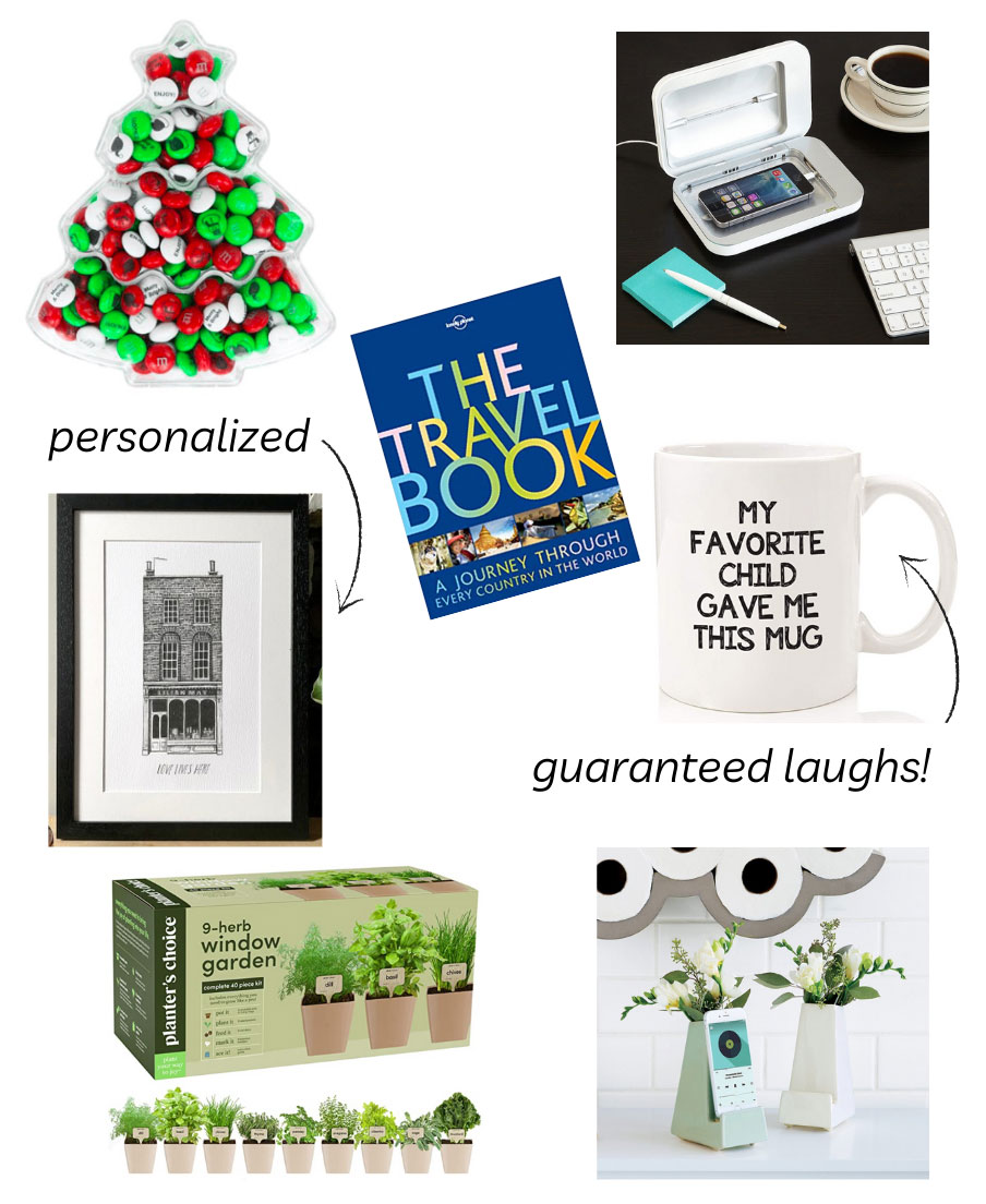 Roundup of gift ideas for parents: customized M&Ms, travel book, custom house portrait, UV phone sanitizer, a funny mug, herb window garden, smartphone holder vase