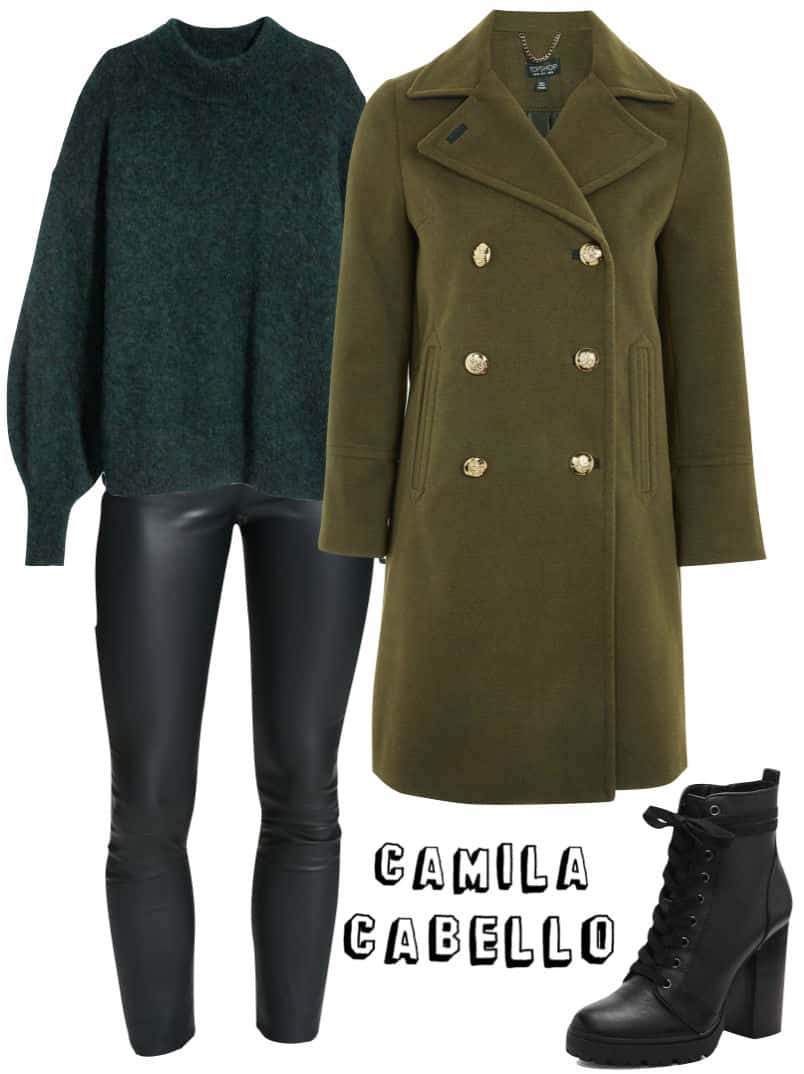 Camila Cabello Outfit: chunky green sweater, faux leather skinny pants, olive green pea coat, black lace-up platforms combat boots