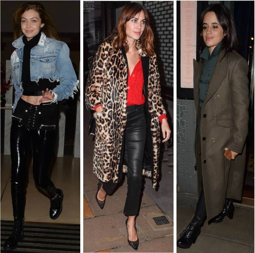 Celebs: Gigi Hadid wearing a cropped black turtleneck top, cropped denim jacket, black patent leather lace-up pants, and black combat boots, Alexa Chung wearing a red blouse, black leather pants, a leopard print faux leather jacket, and black pointy-toe pumps, and Camila Cabello wearing a forrest green sweater, olive green long pea coat, black leather pants, and black heeled lace-up combat boots