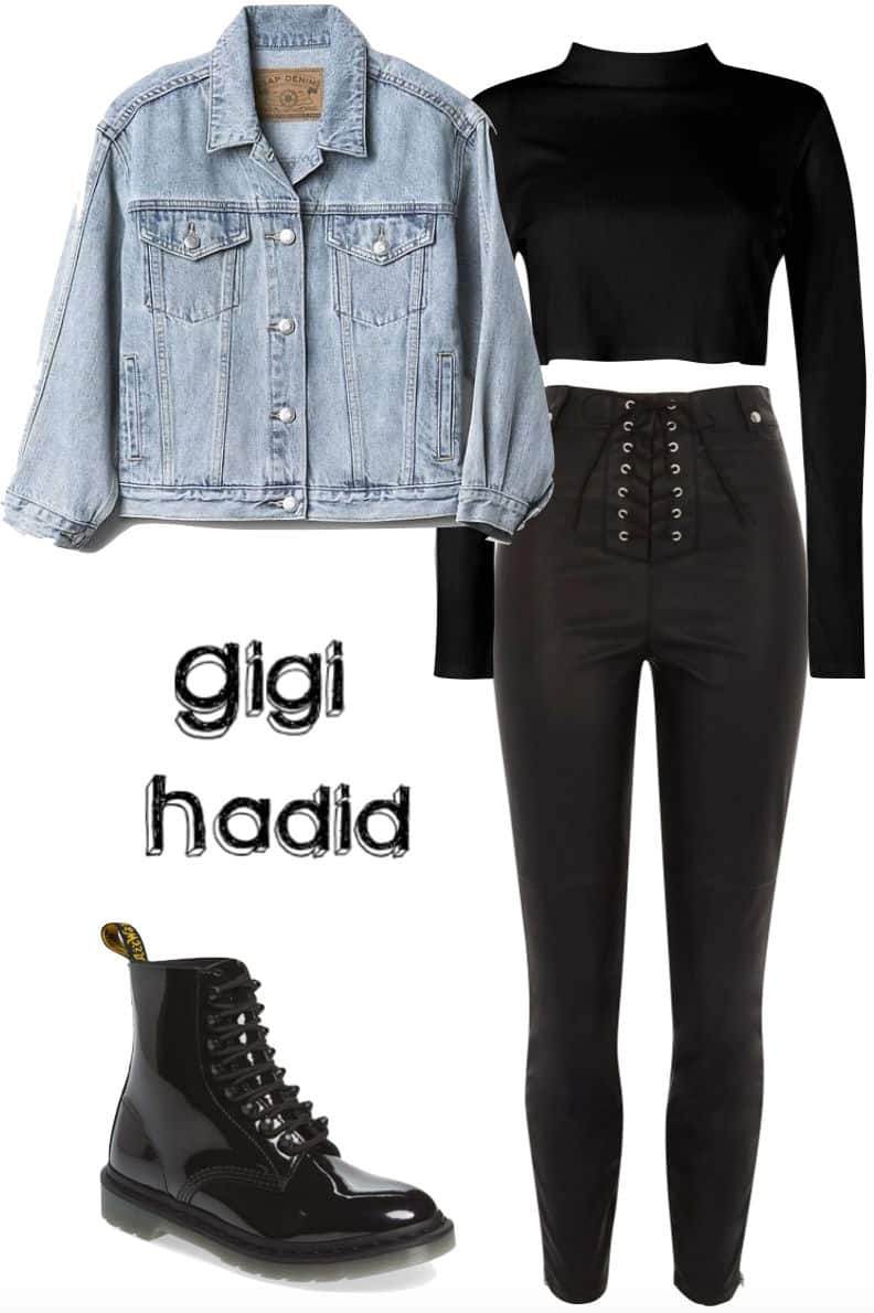 Gigi Hadid Outfit: cropped black turtleneck top, cropped denim jacket, black faux leather lace-up pants, patent black combat boots