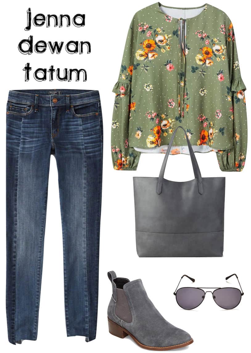 Jenna Dewan Tatum Outfit: floral tie-front blouse, side panel skinny jeans, gray tote bag, dark aviator sunglasses, and gray ankle booties