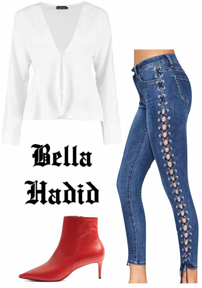 Bella Hadid Outfit: white button front blouse, lace-up side jeans, and red pointy toe ankle booties