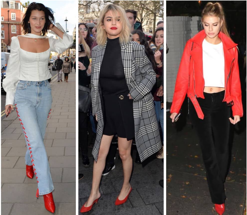 Celebrity Street Style of the Week: Bella Hadid wearing a white button front blouse, lace-up side jeans, and red pointy toe ankle boots, Selena Gomez wearing a black ribbed turtleneck, a black mini skirt with a metal detail, a gray and black plaid long coat, and red mules, and Charlotte McKinney wearing a red leather Moto jacket, a cropped white t-shirt, black corduroy flared pants, and red pointy toe heels