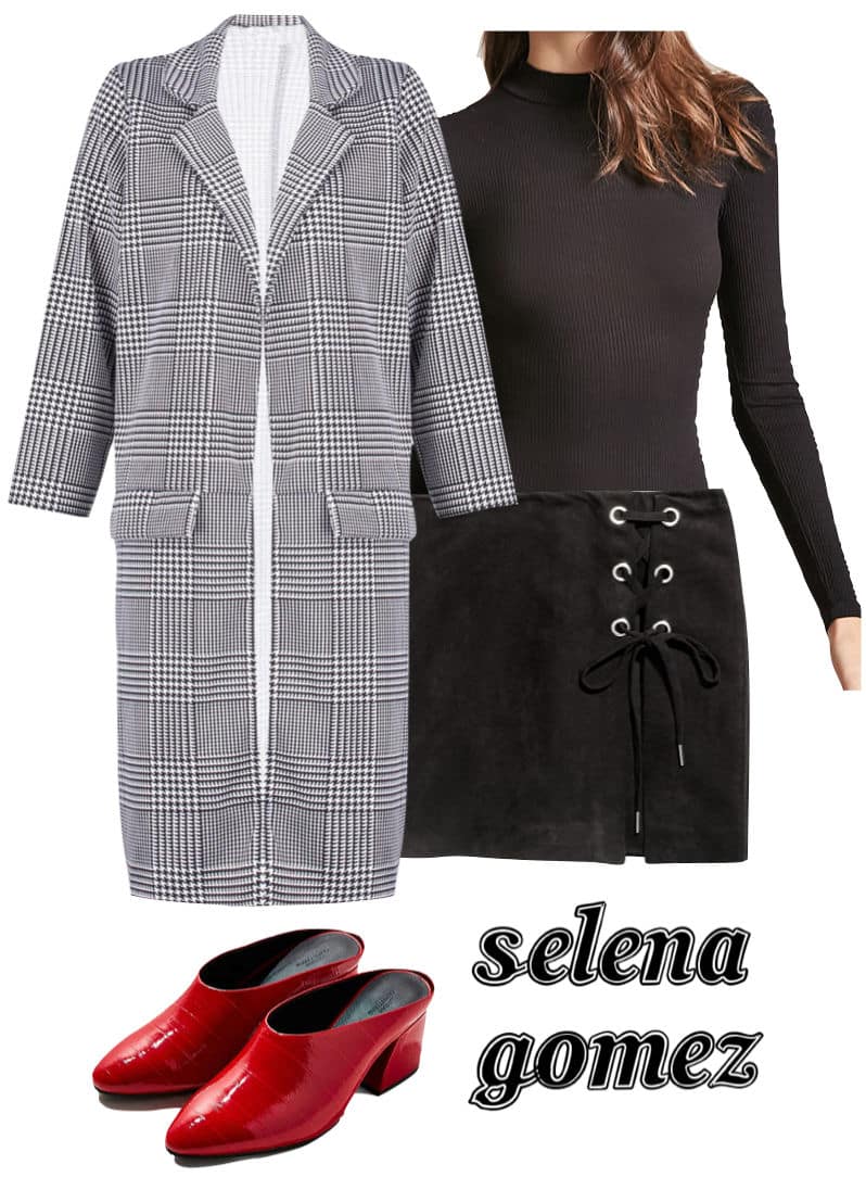 Selena Gomez Outfit: plaid long coat, black mock neck bodysuit, black mini skirt with metal eyelets, red mule heels