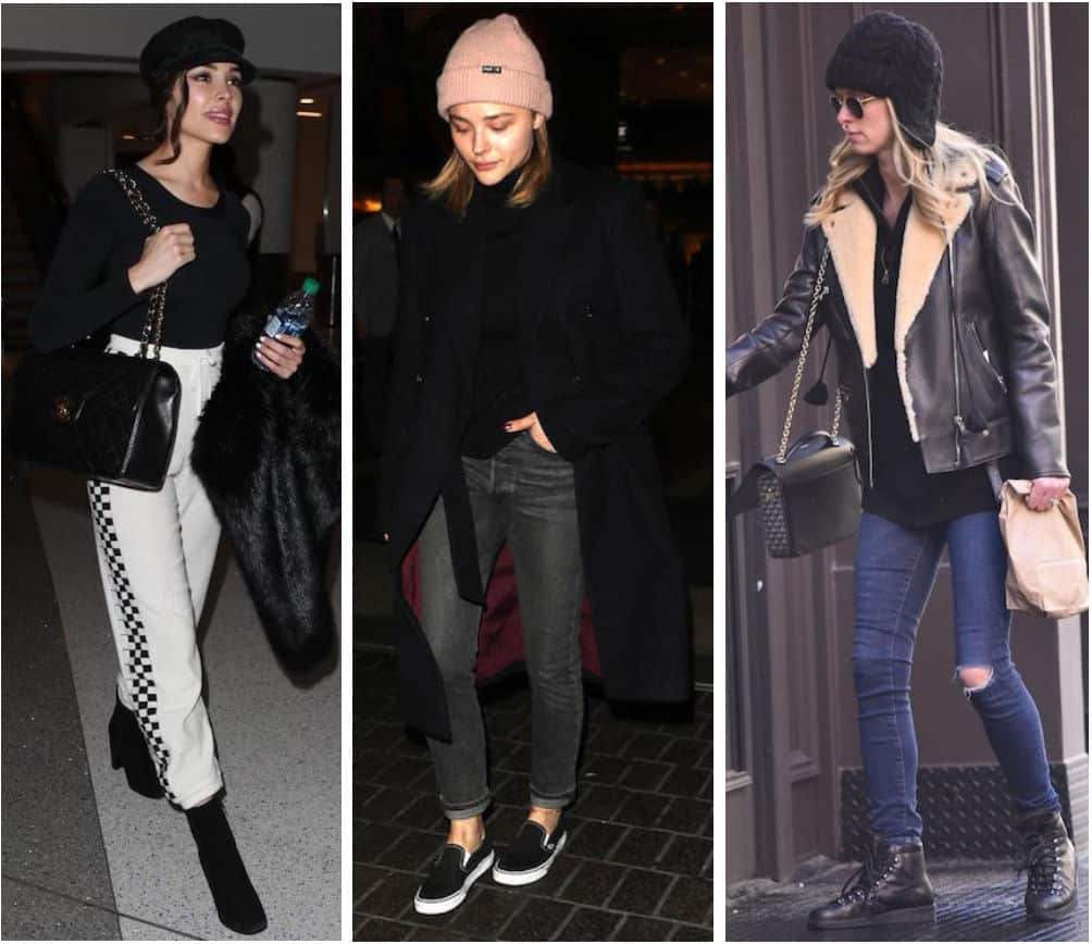 Celebrity Street Style of the Week: Olivia Culpo wearing a black long sleeve t-shirt, black cabby hat, black quilted Chanel bag, white jogger sweatpants with checkered sides, and black booties, Chloe Moretz wearing a blush pink knit beanie hat, black sweater, long black coat, gray straight leg jeans, and black Vans slip on sneakers, and Nicky Hilton wearing a black shearling Moto jacket, black sweater, dark wash skinny jeans with knee rips, black lace up winter boots, and a black quilted handbag