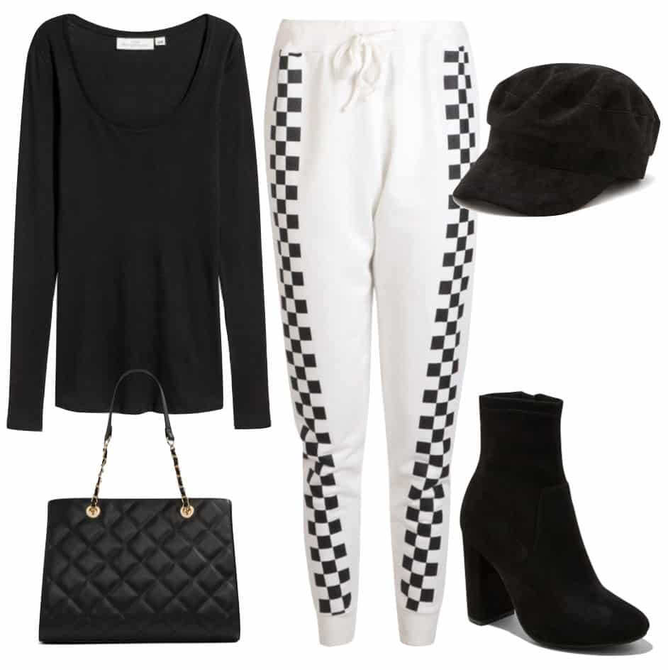 Olivia Culpo Outfit: black long sleeve top, white jogger sweatpants with checkered sides, black cabby hat, black sock booties, and black quilted handbag