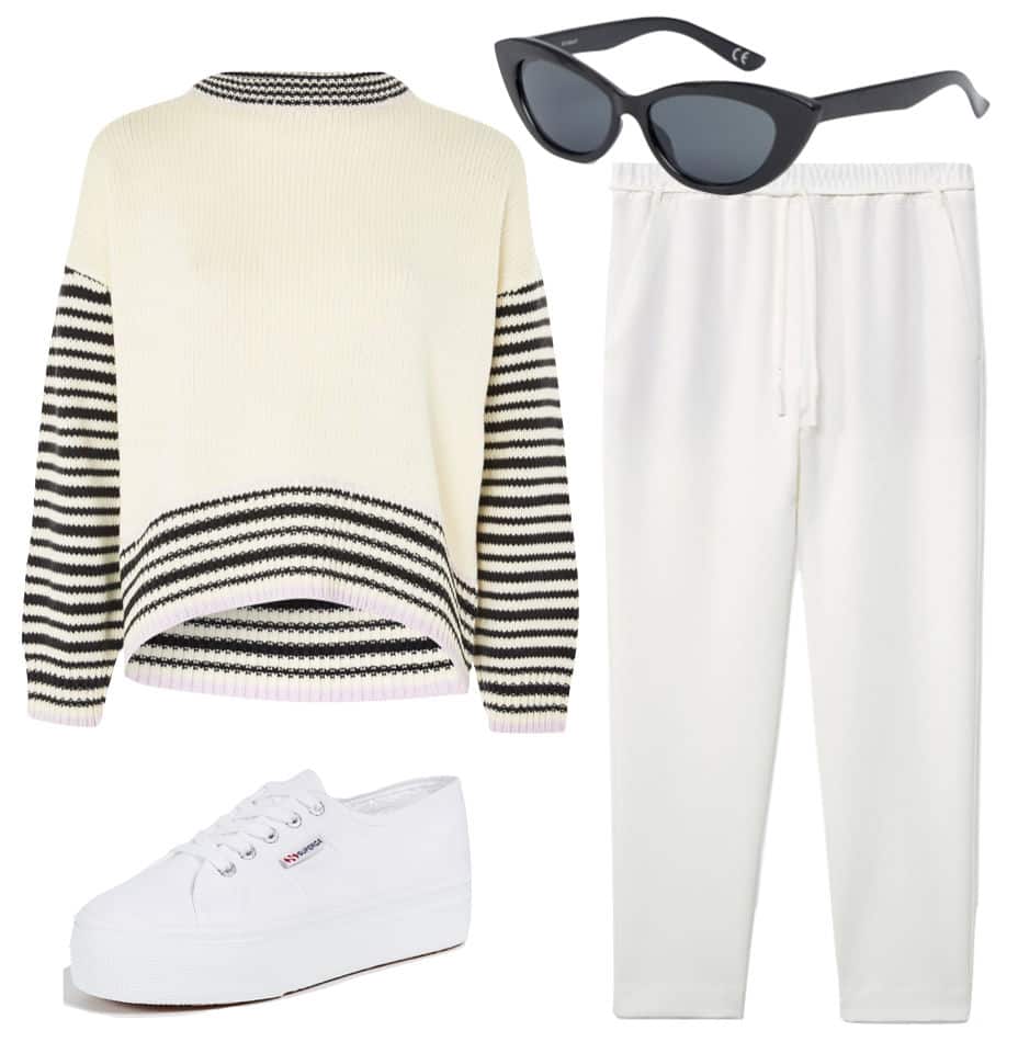 Gigi Hadid Outfit: multicolor striped sweater, white high waist cropped trousers, black cat-eye sunglasses, white platform sneakers