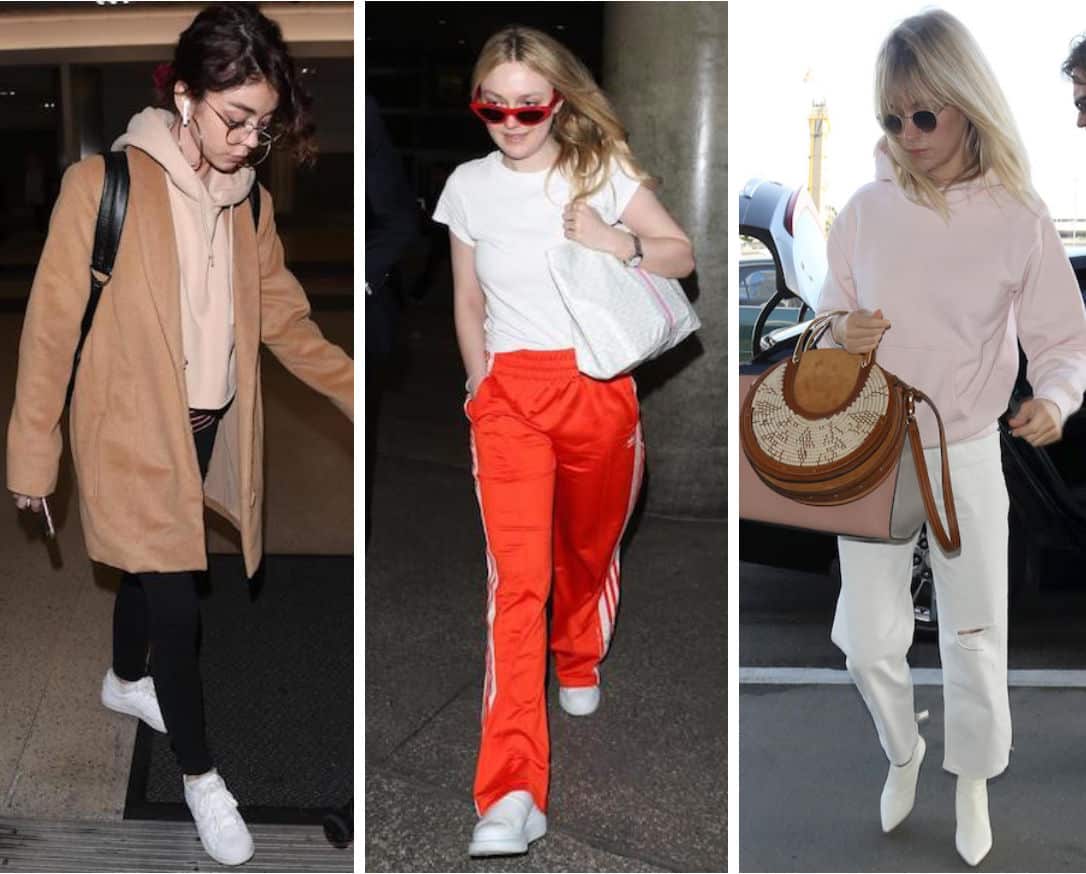 Celebs: Sarah Hyland wearing a nude cropped hoodie, a camel colored mid-length coat, black leggings, hoop earrings, a black leather backpack, and white low-top sneakers, Dakota Fanning wearing red cat-eye sunglasses, a white t-shirt, red and white striped track pants, white sneakers, and a white shoulder bag, and January Jones wearing a light pink hoodie sweatshirt, round sunglasses, white cropped straight leg jeans, white ankle booties, and carrying pink and brown handbags