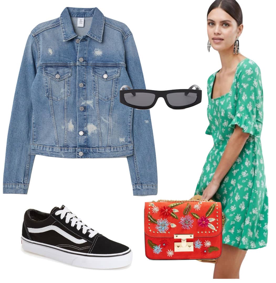 black floral dress with denim jacket