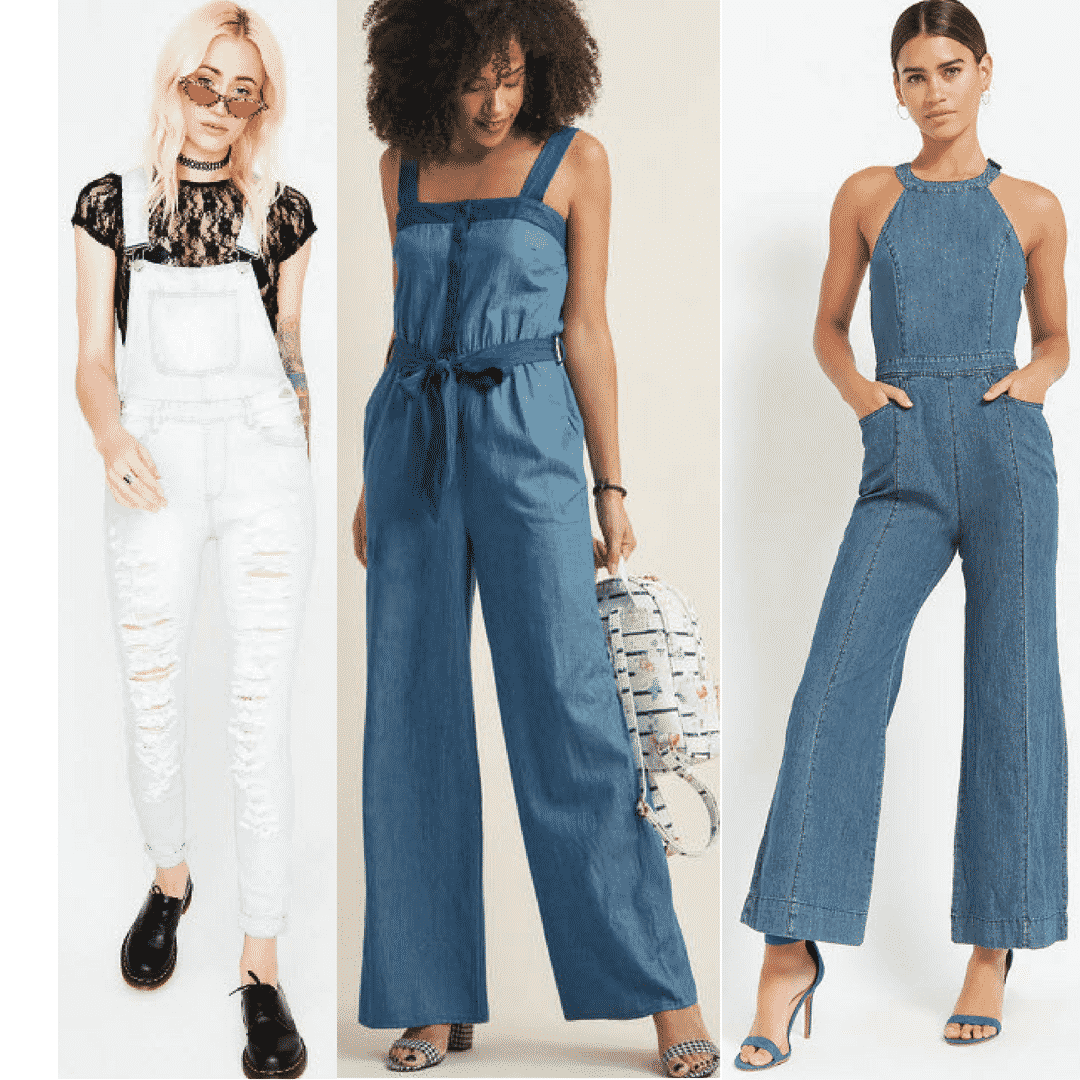 Denim jumpsuit style with white distressed denim jumpsuit, light wash strap jumpsuit, and medium wash halter jumpsuit.