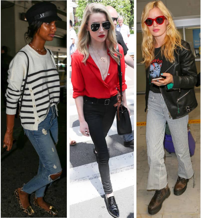 Celebrity Street Style of the Week: Jasmine Tookes wearing a black cabby hat, a black and white striped sweater, ripped straight leg jeans, and leopard print flats, Amber Heard wearing aviator sunglasses, layered gold necklaces, a red button-down shirt, black skinny jeans, a black long strap bag, and black Oxford shoes, and Georgia May Jagger wearing a leather moto jacket, a black and red band t-shirt, red oversized sunglasses, striped flared pants, and lace-up combat boots