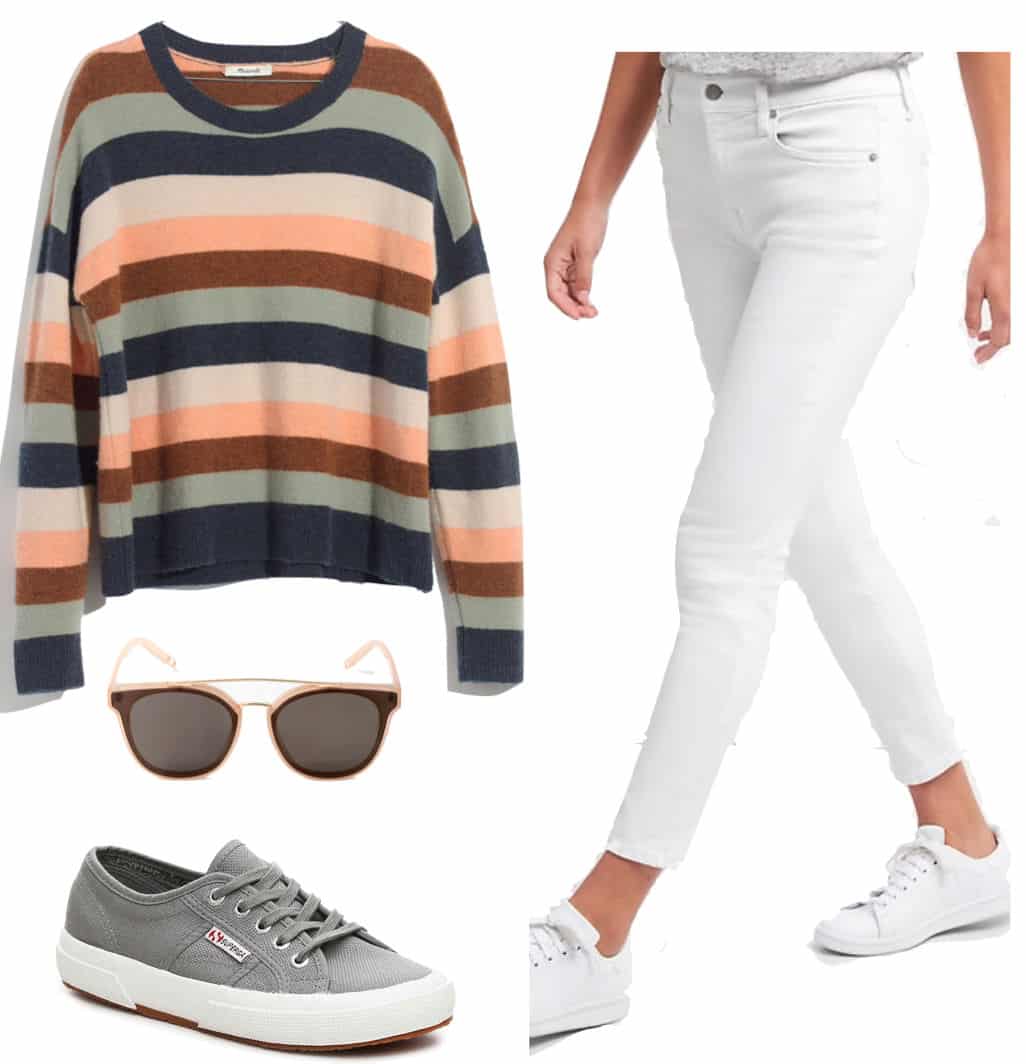 Alessandra Ambrosio Outfit: multicolor striped sweater, white ankle crop slim jeans, beige frame sunglasses, and gray low-top sneakers