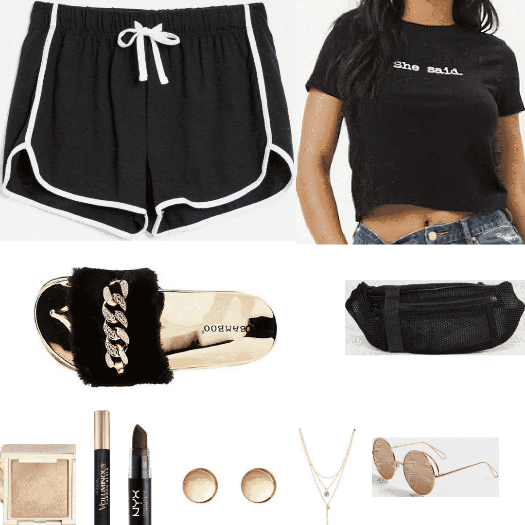 Faux fur slides outfit with black shorts, tee shirt, fanny pack