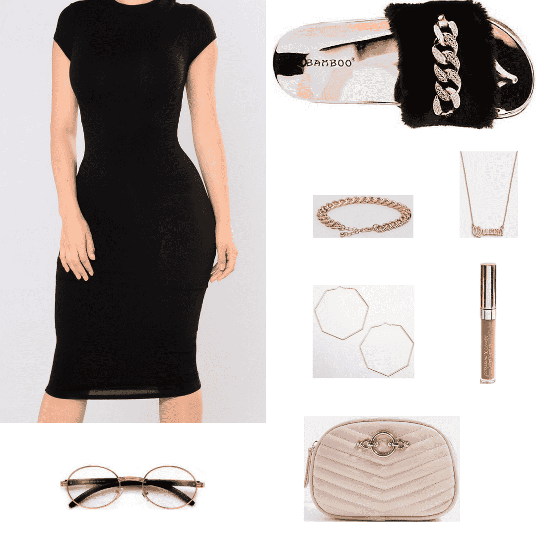 Faux fur slides outfit with black dress