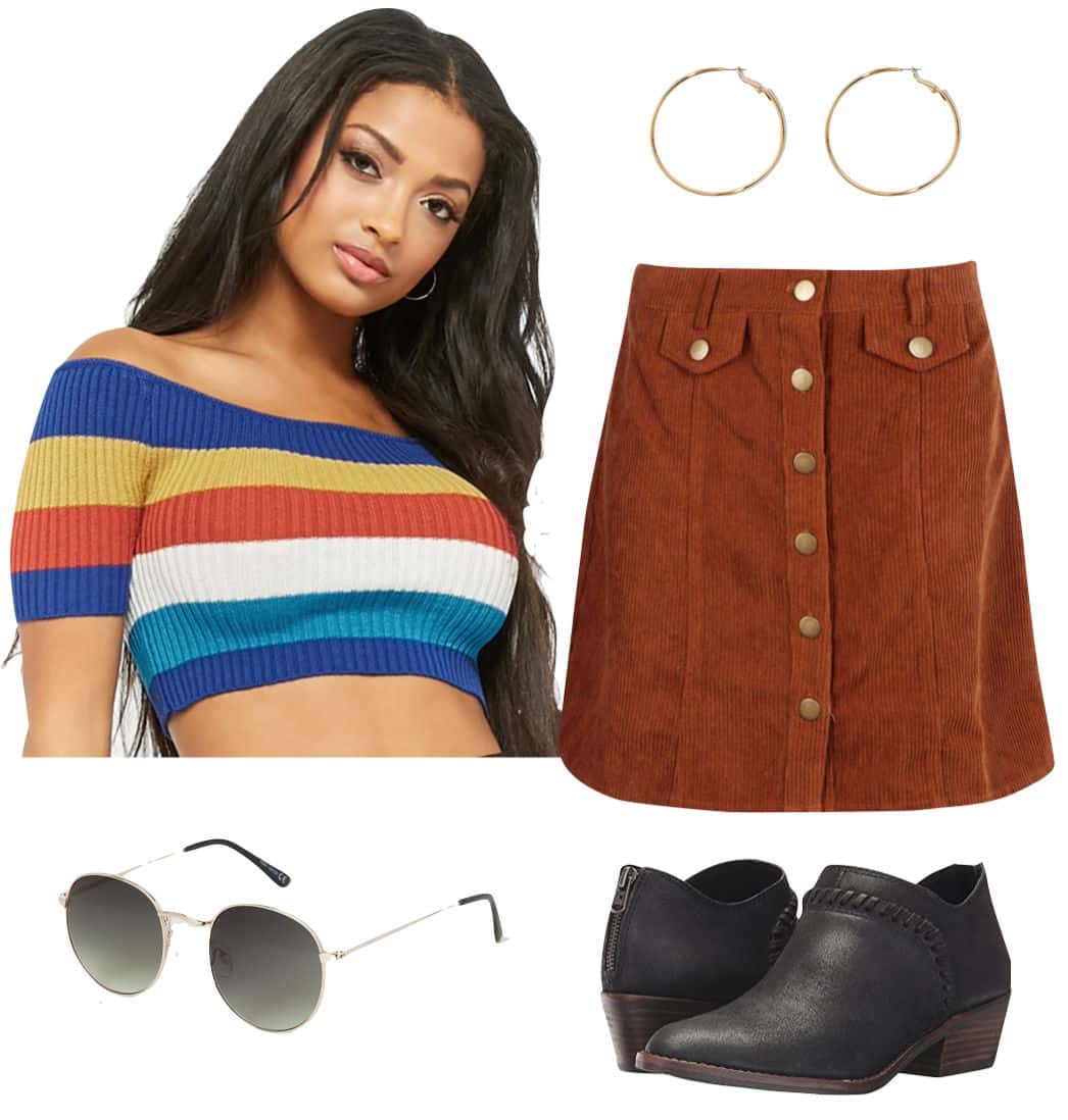 Sarah Hyland Outfit: multicolor striped off the shoulder crop top, cord button front mini skirt, gold hoop earrings, round sunglasses, and black ankle booties