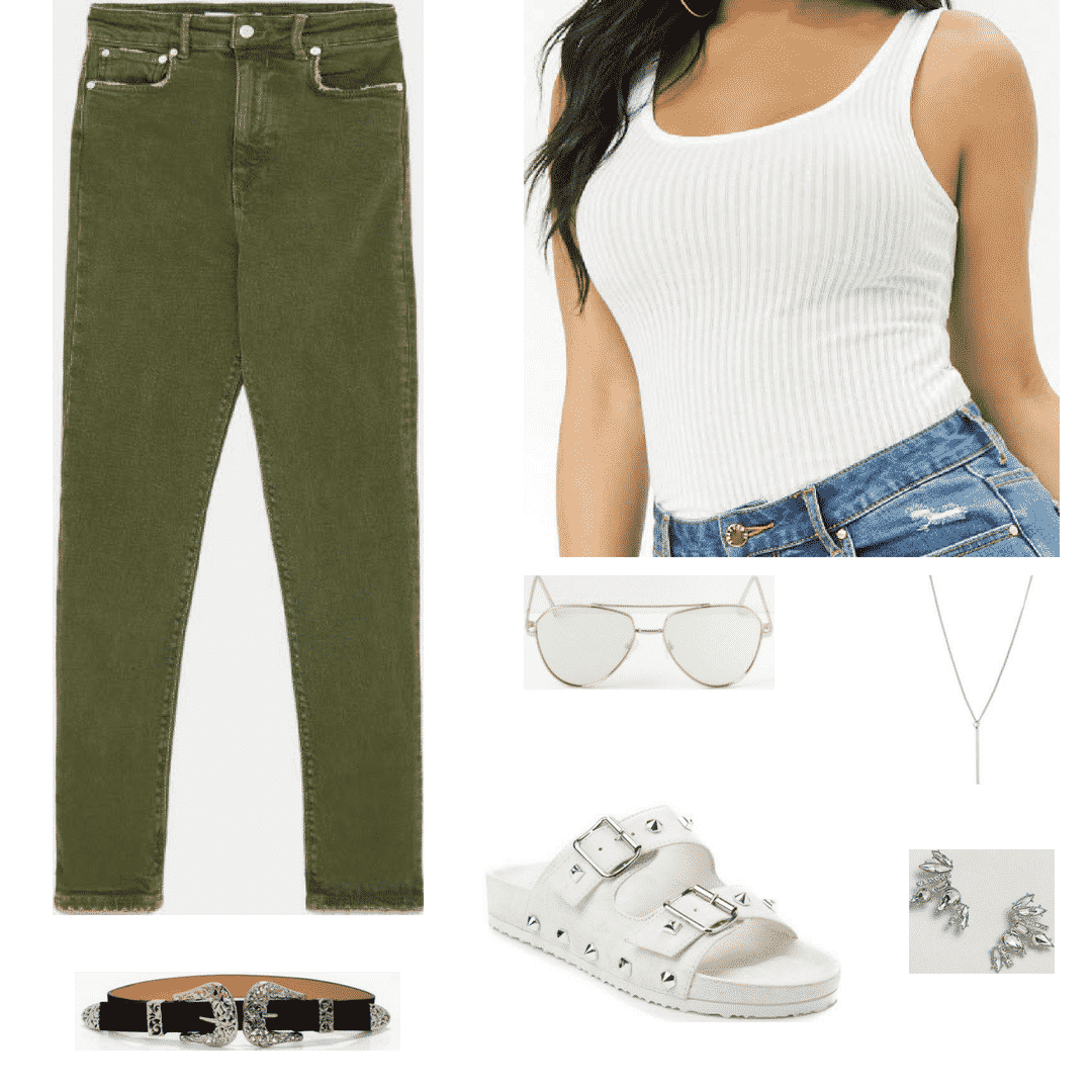 Olive jeans outfit for class with birkenstocks, belt, white tank, sunglasses