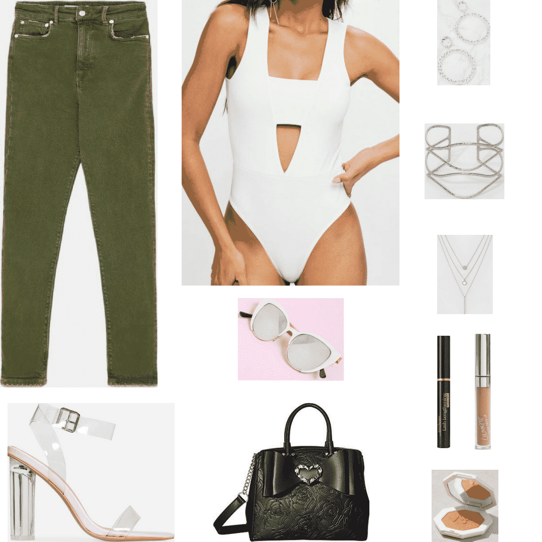 Olive jeans outfit for night with white bodysuit, perspex heels, purse, jewelry