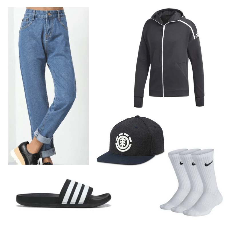 Kristen Stewart outfit with blue jeans, hoodie, black hat, socks