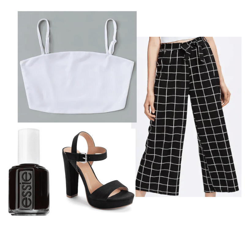 Kristen Stewart outfit with plaid pants, crop top, platform heels