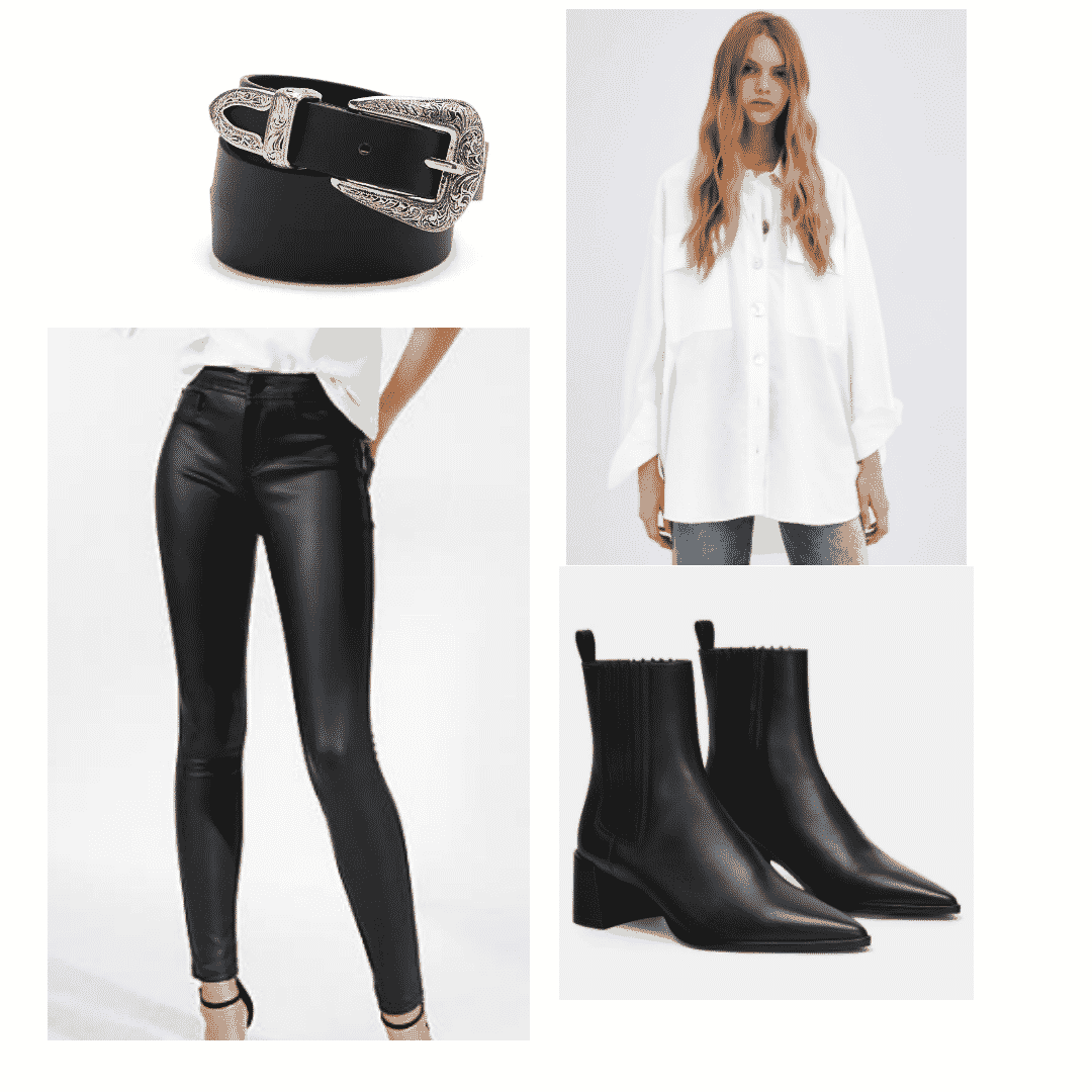 Leather leggings outfit with white shirt, western belt, ankle boots