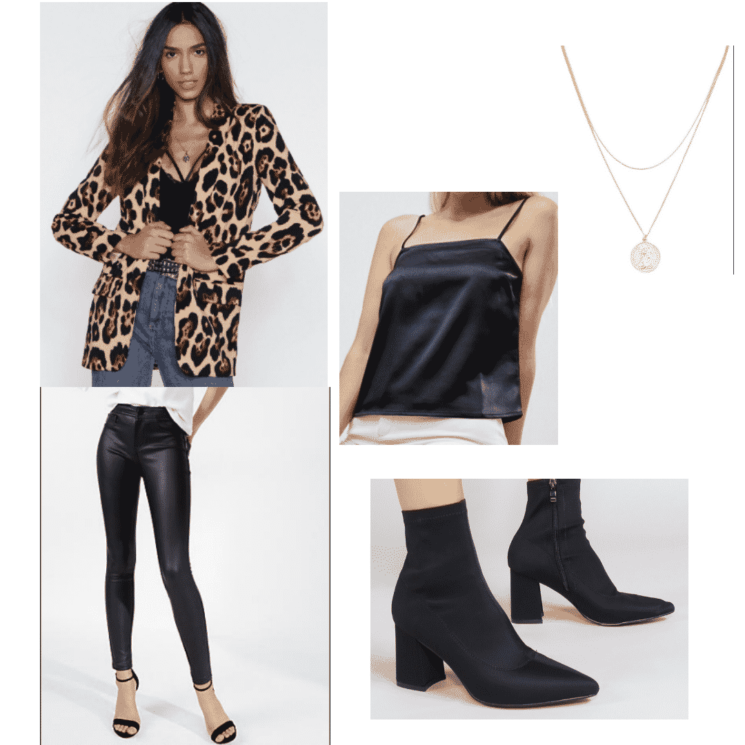 Leather leggings outfit: Leopard cardigan, silk cami, sock boots, necklace
