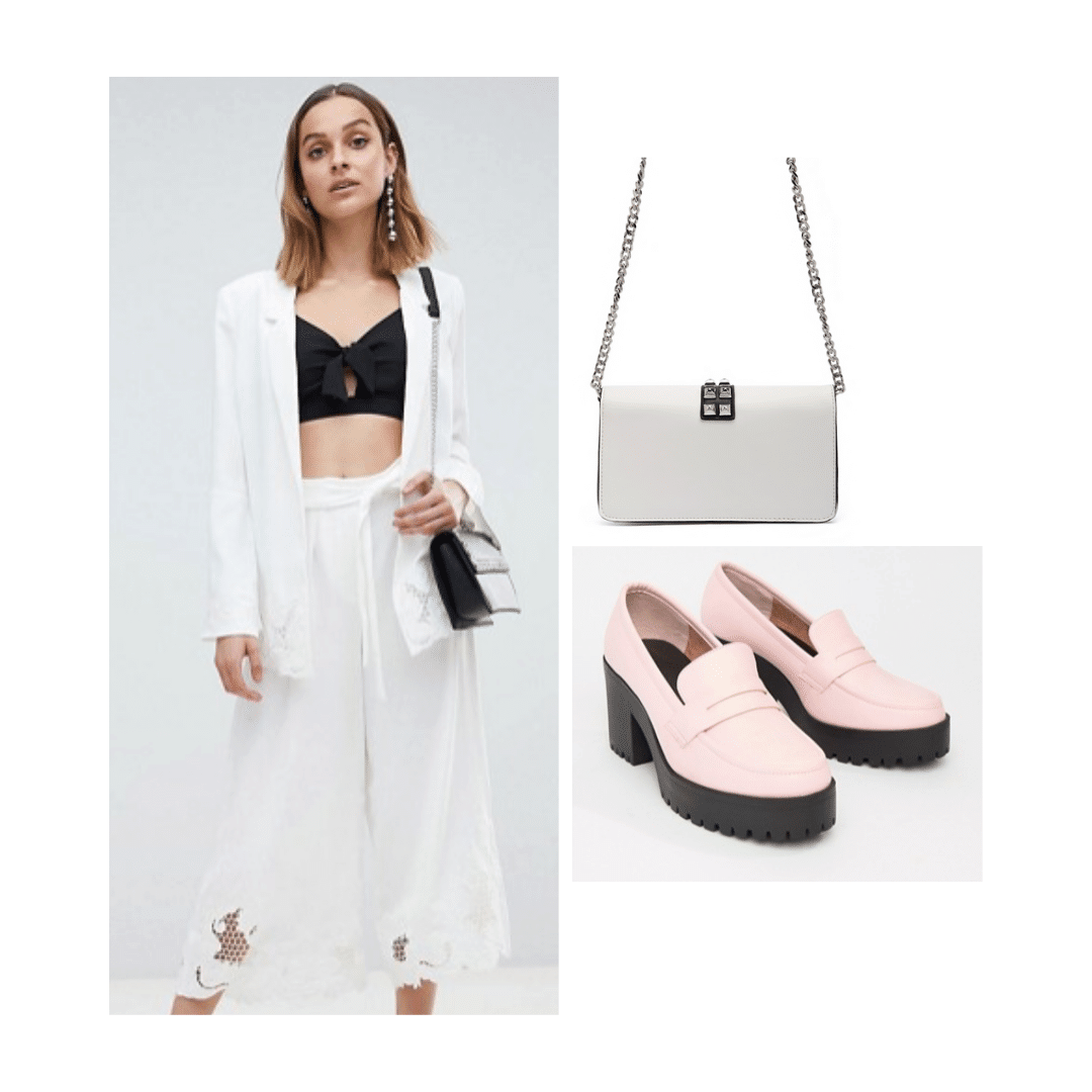 Minimalist outfit idea for college - all white outfit, pink shoes, white bag