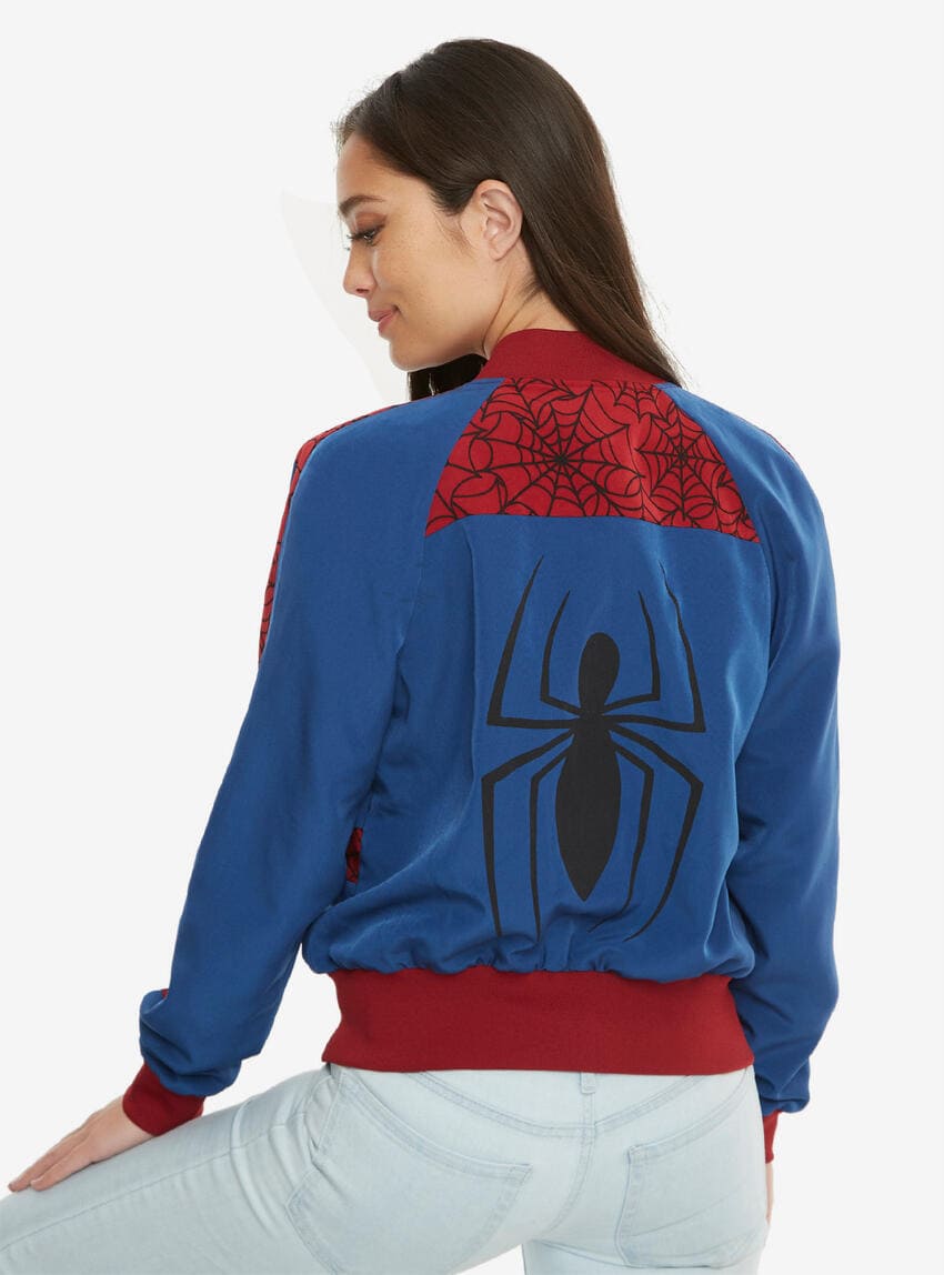 Blue satin bomber jacket with red panels and black spider print on the backside.