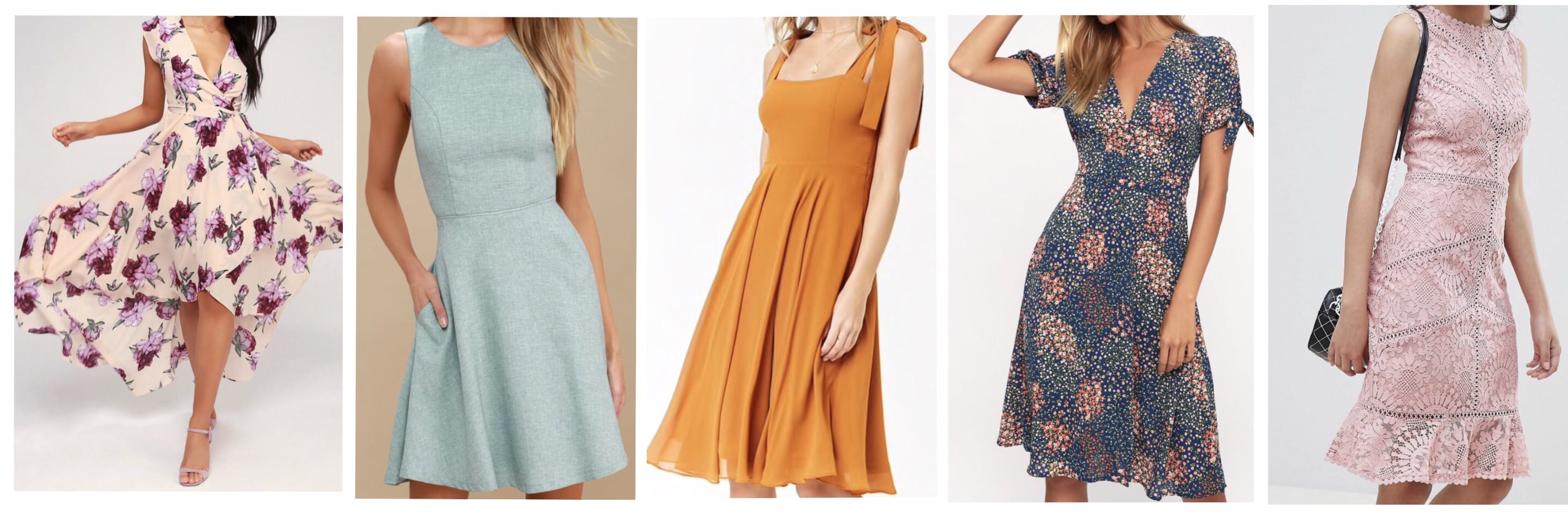 Five dresses for wedding guests; midi dress; dresses