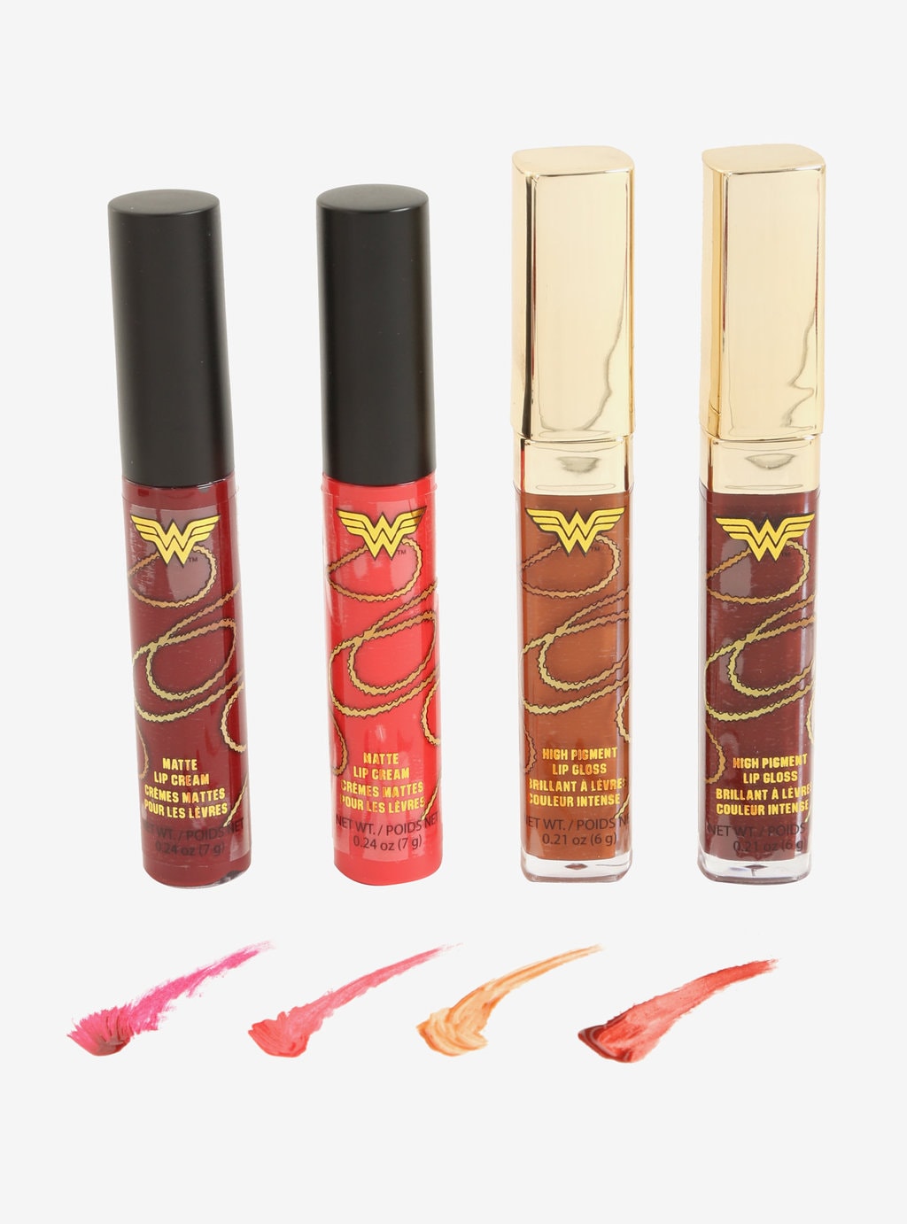 Four lip colors inspired by Wonder Woman. Includes two matte and two gloss. These items are officially licensed and cruelty free