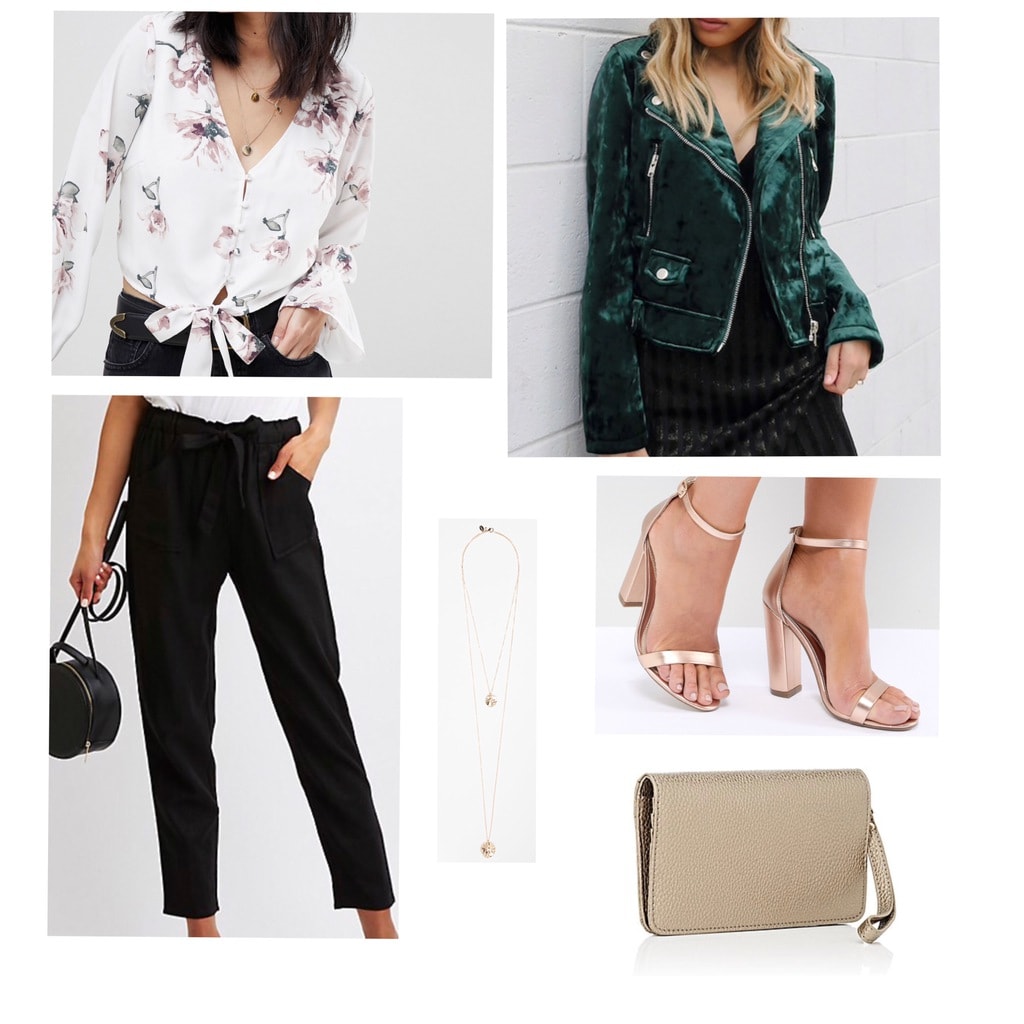 St. Patrick's Day Night Time outfit: Cute st patricks day outfit with green velvet moto jacket, floral blouse, black wide leg pants, gold heels, gold layered necklace and gold crossbody bag