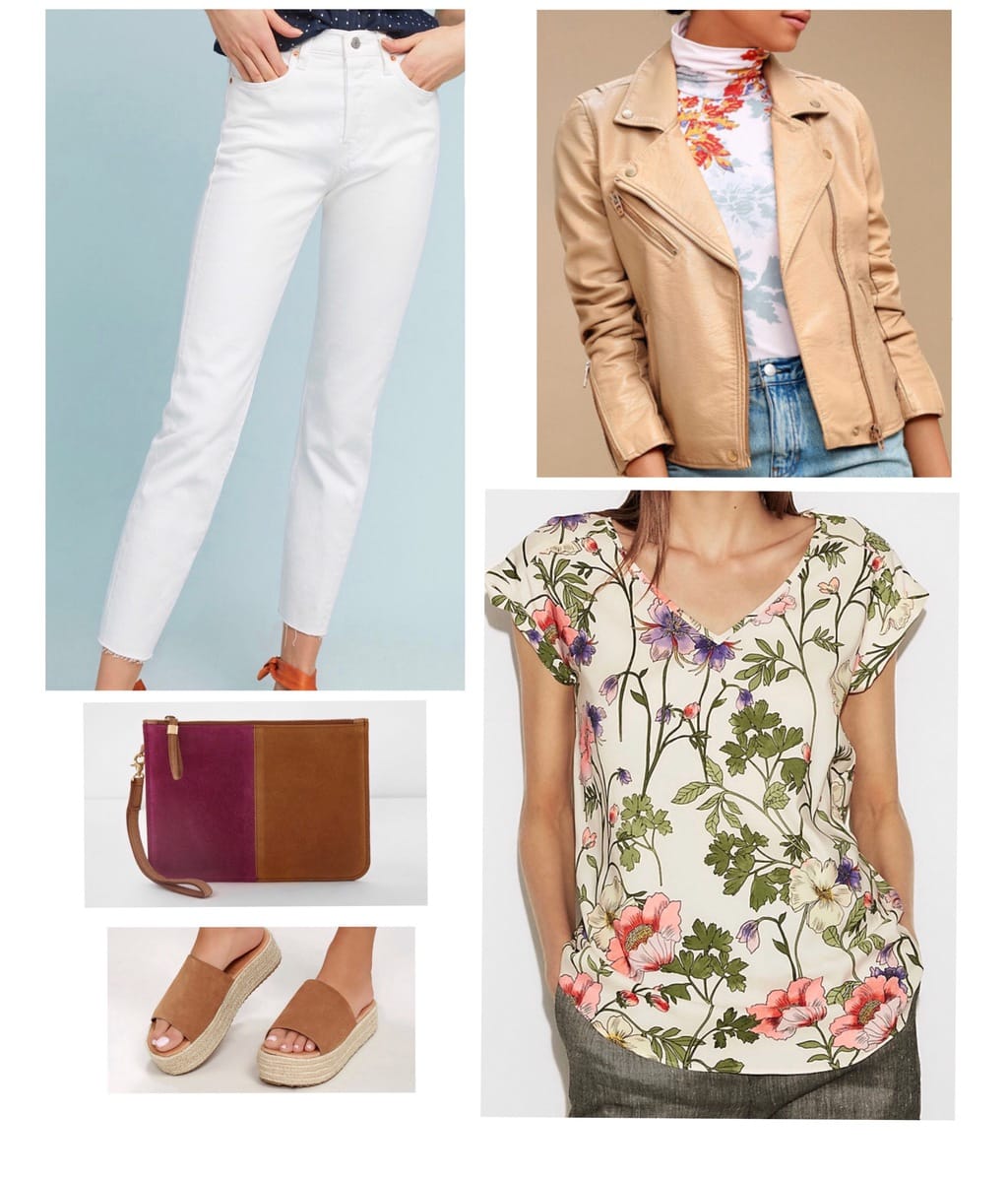 White denim jeans styled with a floral print shirt, platform sandals and leather jacket