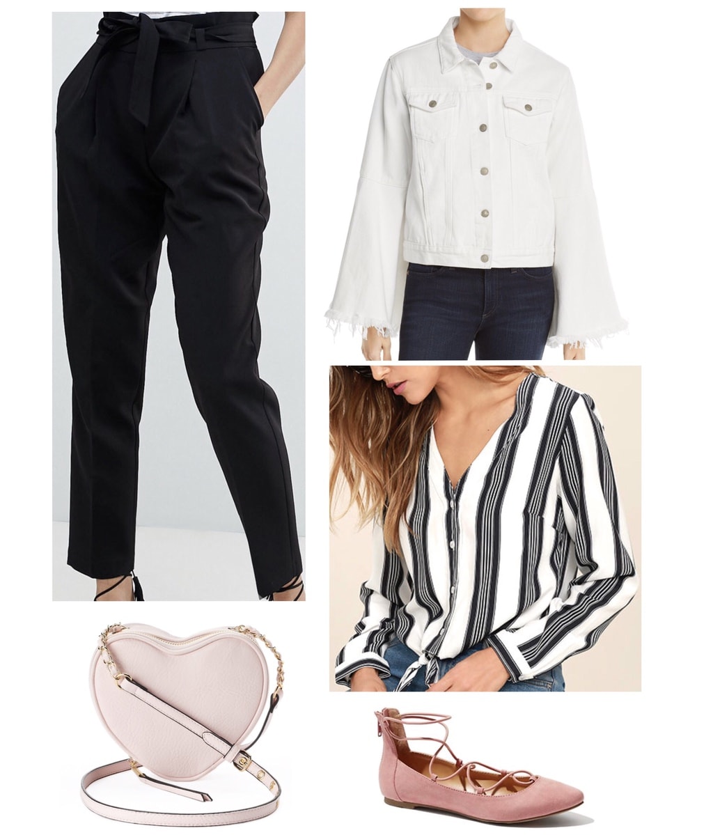 White denim jacket styled with paper-bag trousers and blouse