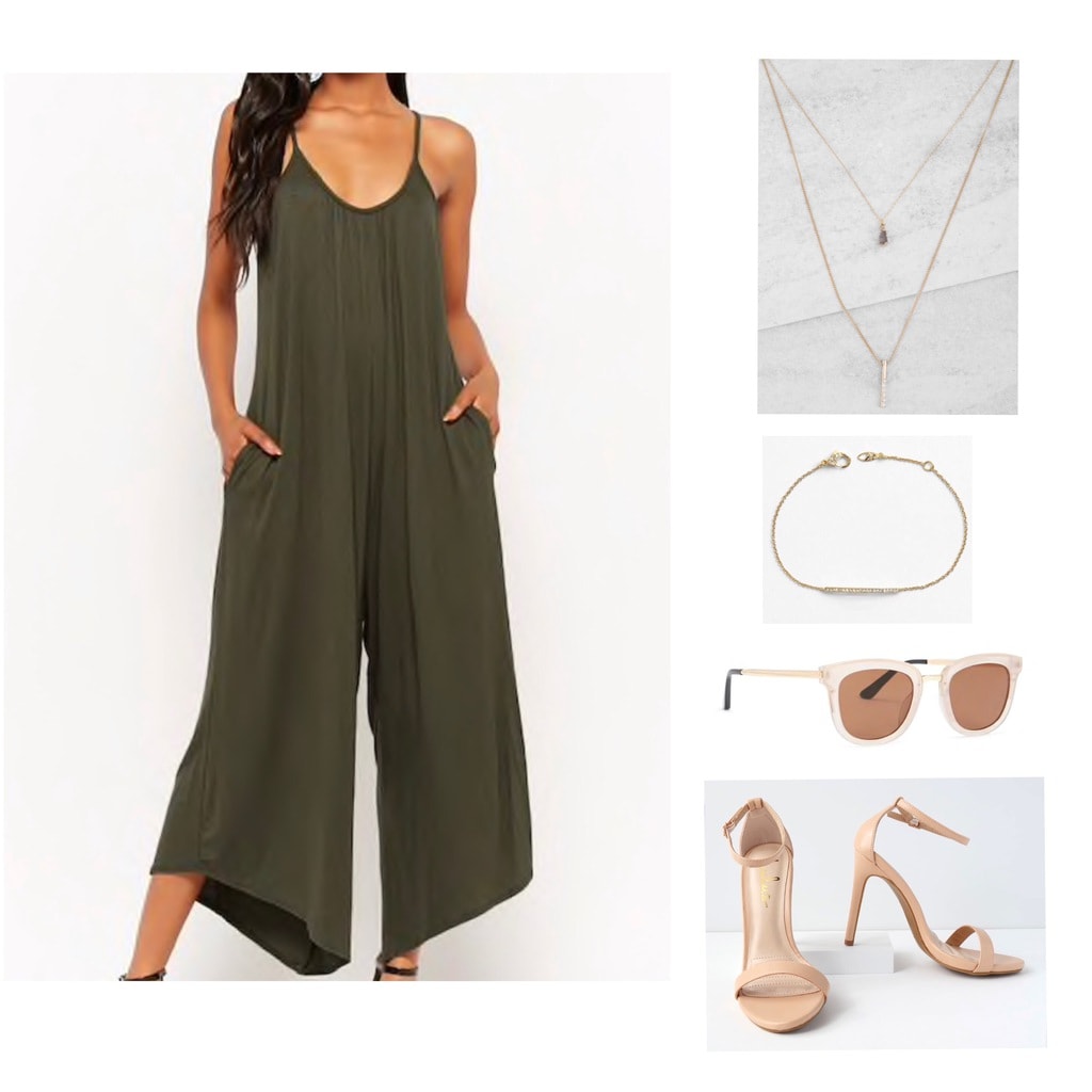 Olive green jumpsuit with gold jewelry, sunglasses and stilettos