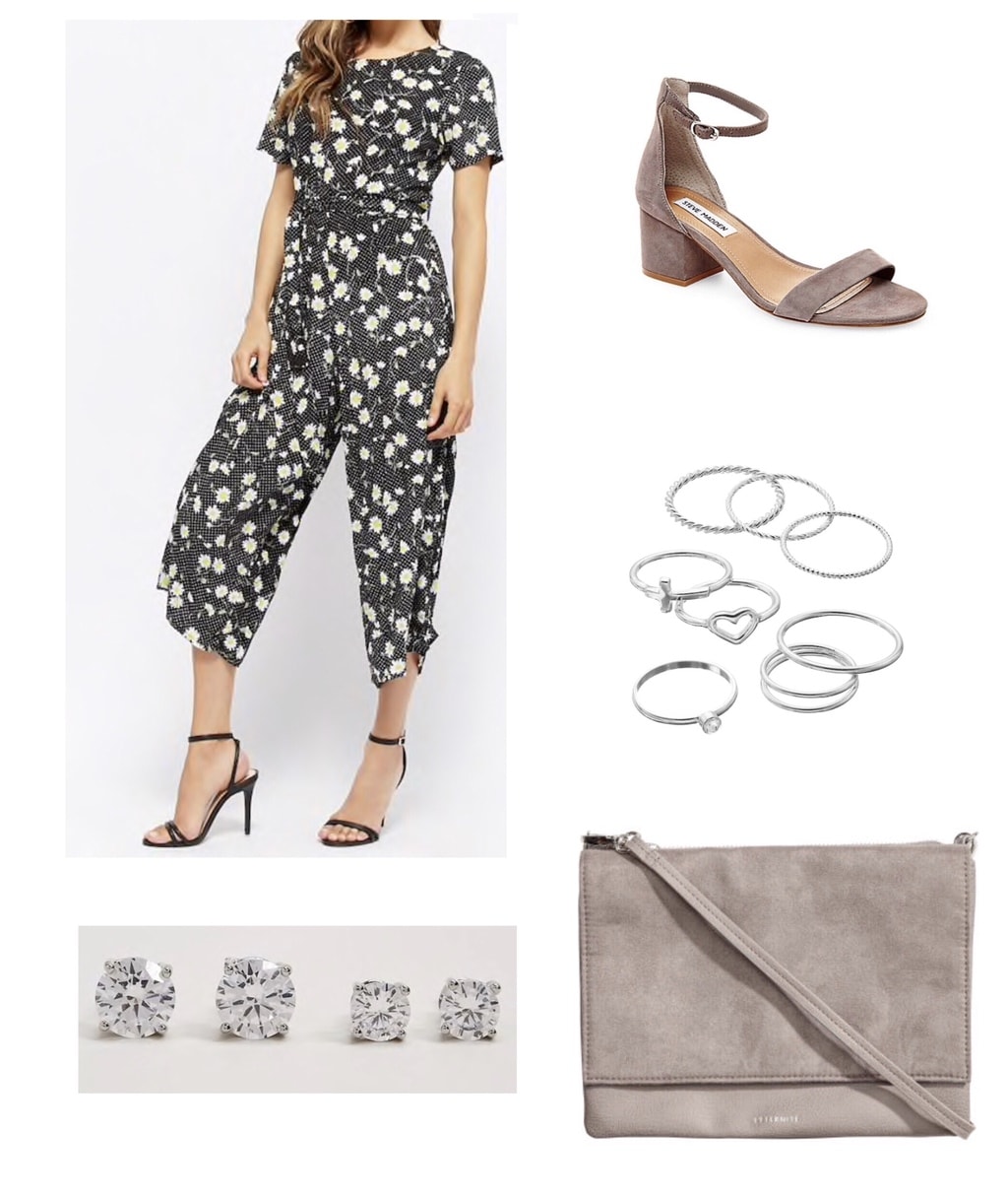 Motel Floral Print Jumpsuit with faux suede sandals and purse, silver jewelry