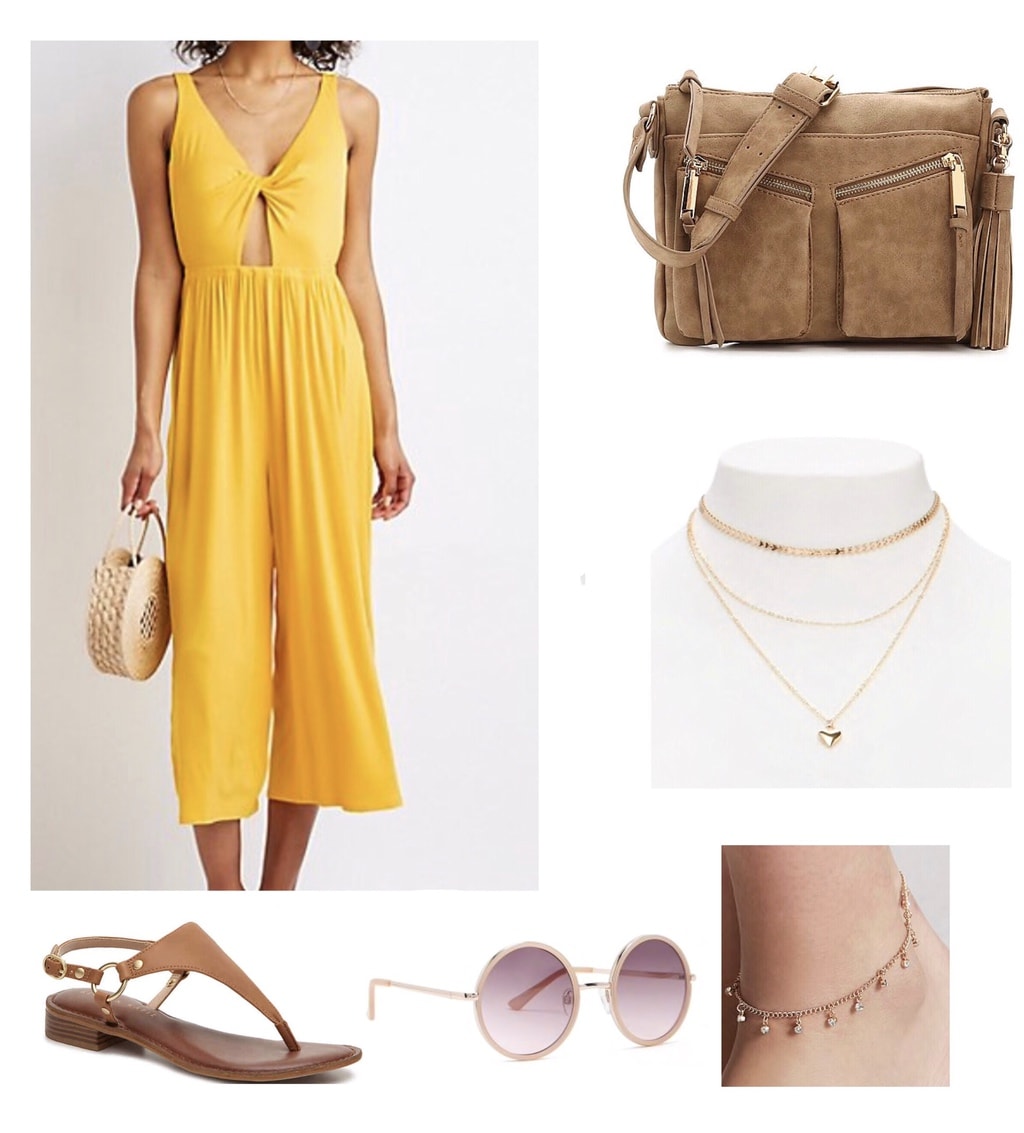 Yellow cut-out jumpsuit paired with tan sandals, purse and gold jewelry