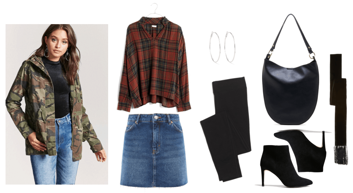 Camouflage-print cargo jacket, red plaid pop-over shirt, denim mini skirt in medium-blue wash, large silver hoop earrings, black leggings, black crescent-shaped hobo bag with gold hardware, black pointed-toe skinny-heeled ankle boots, black velvet skinny scarf with fringe