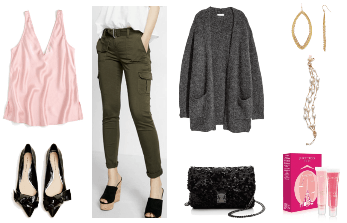 Pale pink silk v-neck tank top, black patent pointed-toe flats with large bow, olive-green skinny cropped cargo pants with adjustable belt with silver hardware, oversized open-front cardigan with pockets, black sequined cross-body bag with gunmetal hardware, large gold marquise drop earrings with champagne-pink beads in graduated sizes, triple-layer gold chain bracelet with pearls and clear stones, Lancôme Juicy Tubes [lip gloss] Duo in pale and bright pink ("Lychee" and "Marshmallow Electro," respectively)
