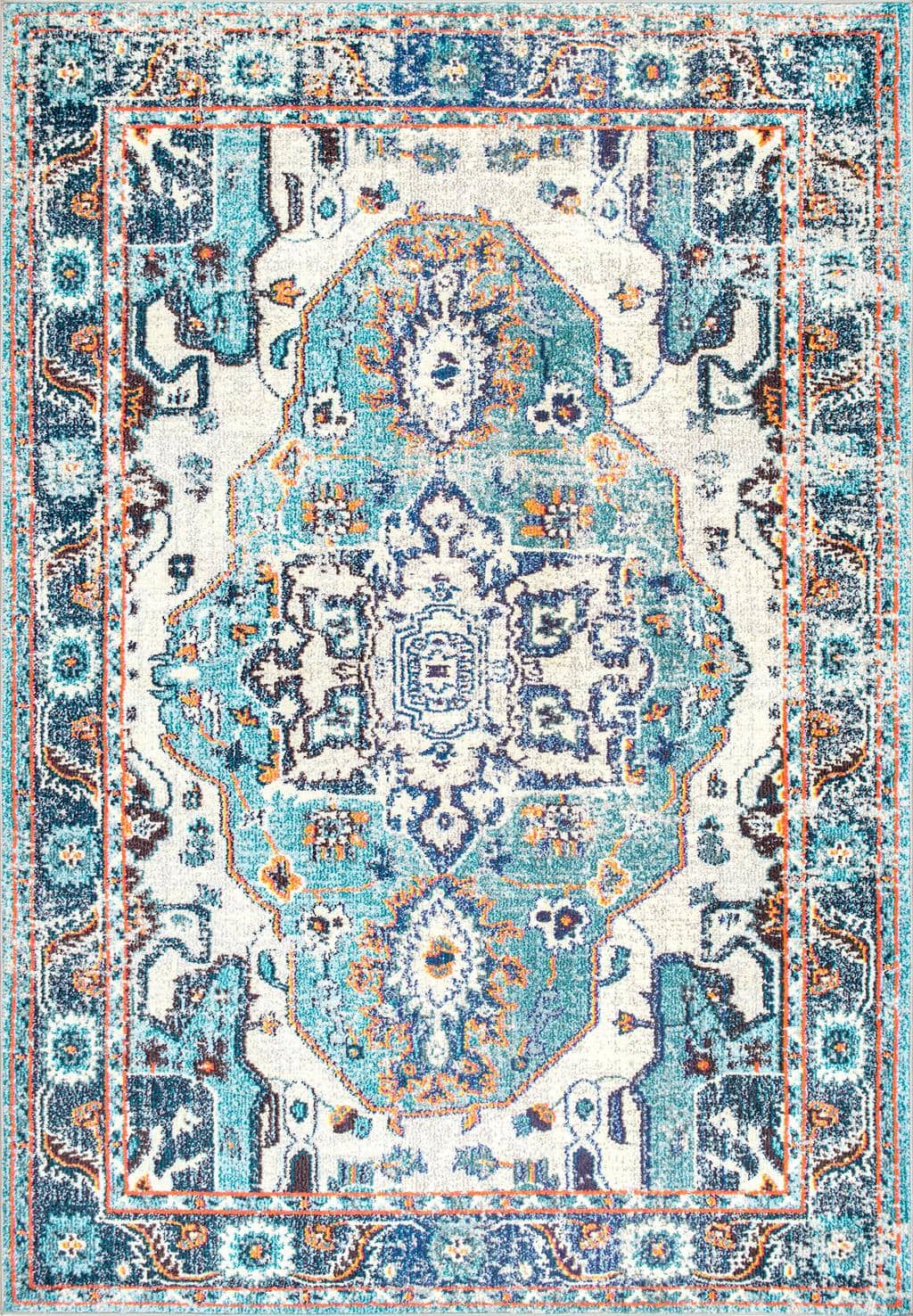 College dorm room furnishings - Mosaic medallion rug in shades of navy, light blue, orange, and cream from Rugs USA.