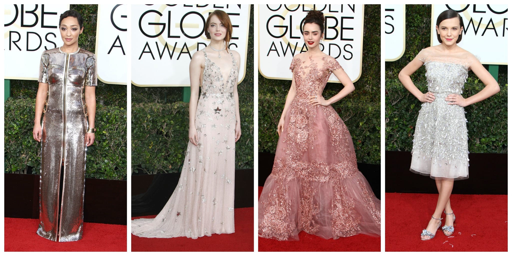 2017 Golden Globes fashion: Ruth Negga in Louis Vuitton, Emma Stone in Valentino, Lily Collins in Zuhair Murad Couture, and Millie Bobby Brown in Jenny Packham