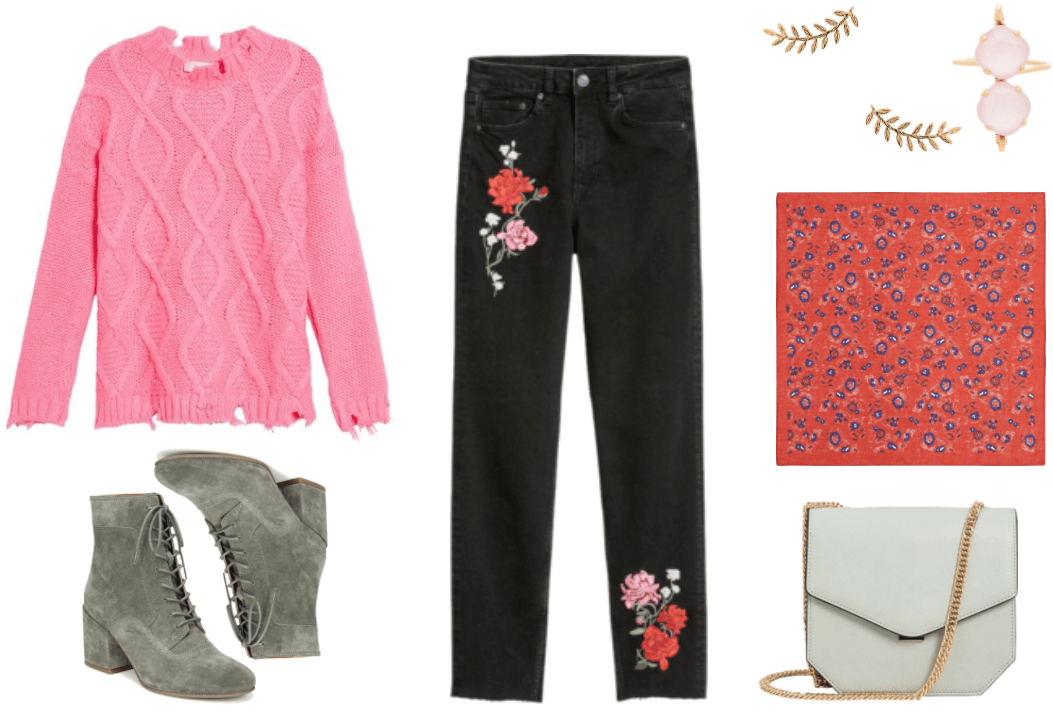 Neon pink distressed cable-knit crewneck sweater, moss-green lace-up block-heel ankle boots, black slim-fit "mom" ankle-length jeans with red, pink, white, and green floral embroidery; gold leaf ear climber earrings, gold ring with two vertically-stacked pale pink stones, red square scarf with blue and white floral print, pale seafoam-green bag with gold chain-strap