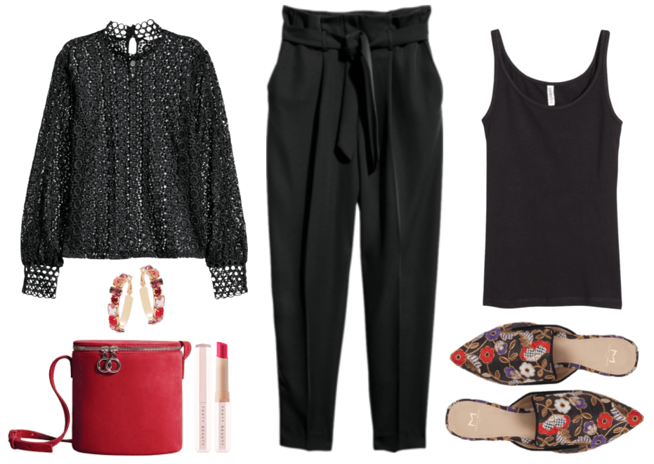 Black long-sleeved mock-neck lace blouse, large wide gold hoop earrings with pink, red, and purple stones; red suede rigid cylinder cross-body bag with silver ring double-zip closure, Fenty Beauty Mattemoiselle Plush Matte Lipstick in "Candy Venom," a fuchsia pink shade; black paper-bag waist tapered-leg pants, black tank top, black flat pointed-toe velvet mules with gold, white, red, and purple embroidery