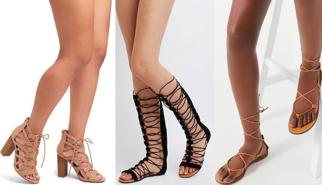 Women's gladiator sandals with tan braided strap gladiator heels, black gladiator sandals, and gold gladiator sandals.