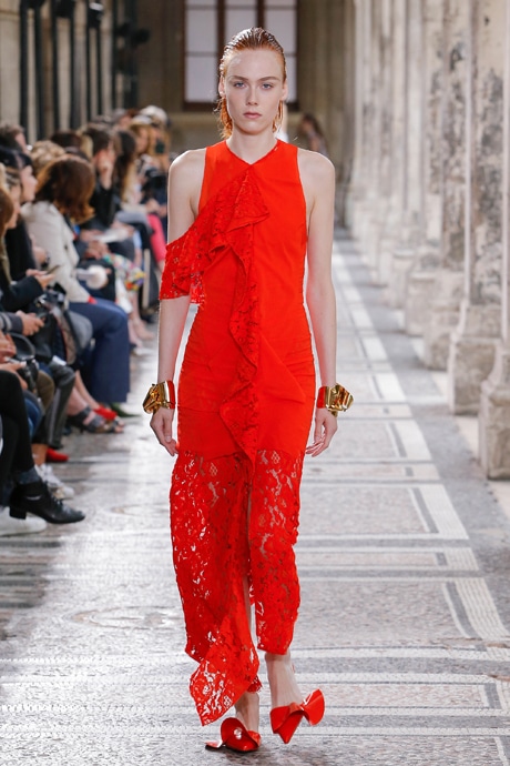 Proenza Schouler Spring 2018 look: Red maxi dress with lace detailing, red bow flats