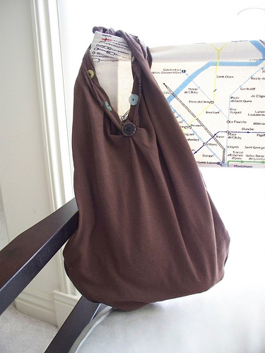 brown t shirt bag tote buttons