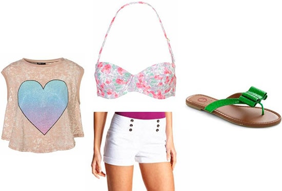 4th of July outfit 2: White shorts, bikini top, crop top, sandals