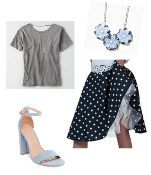 How to repurpose a costume: 1950s poodle skirt worn with a gray tee shirt, pale blue statement necklace, and baby blue suede heels for a pretty outfit