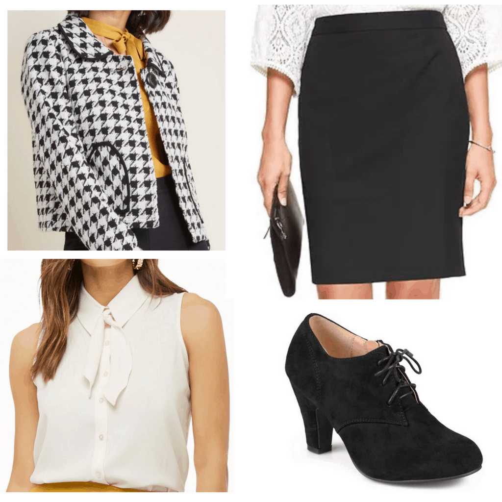 White tie neck top with black pencil skirt, houndstooth coat jacket, and oxford booties